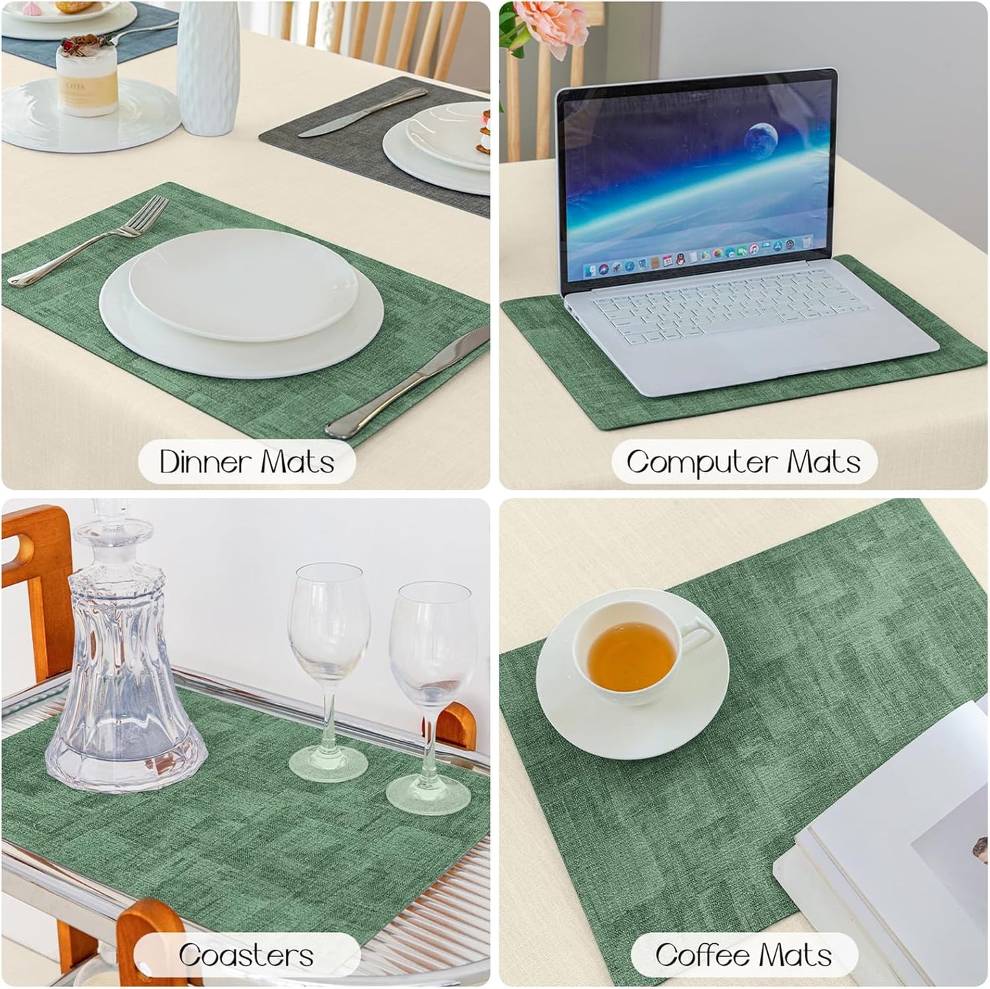 Romanstile Reversible Vinyl Placemats Set of 8, Faux Leather 100% Waterproof Oil-proof Wipeable Place Mats, Heat Resistant Dual Sided Table Mats for Kitchen/Dining/Party (Grey DarkGreen, 12 x 17 Inch)