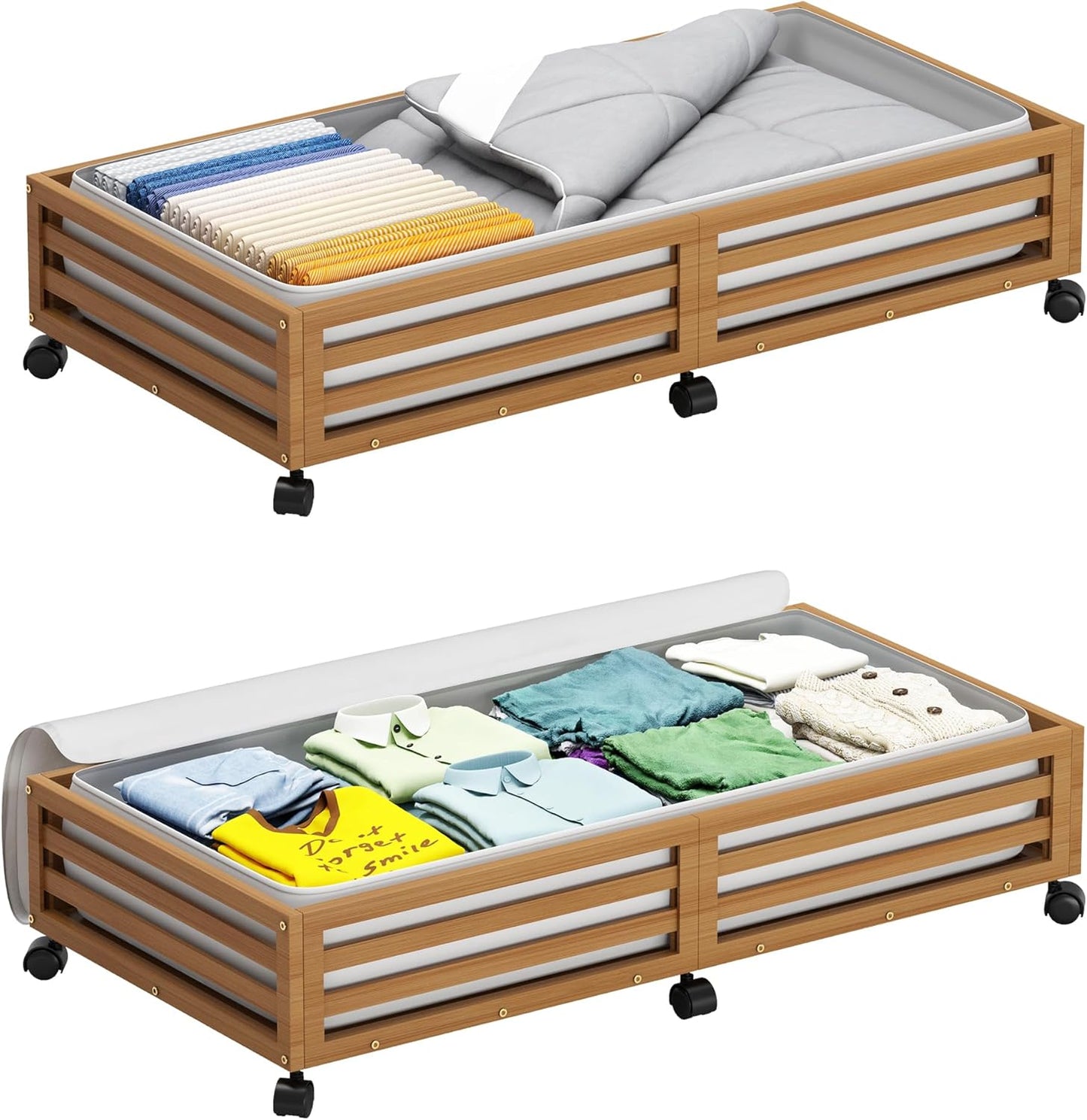 Bamboo Under Bed Storage Containers- Underbed Organizer with Wheels with Large Dust Bag,Sturdy Wood Rolling Under the Bed Shoe Storage Organizer Drawer 2 Packs (Walnut, Long)
