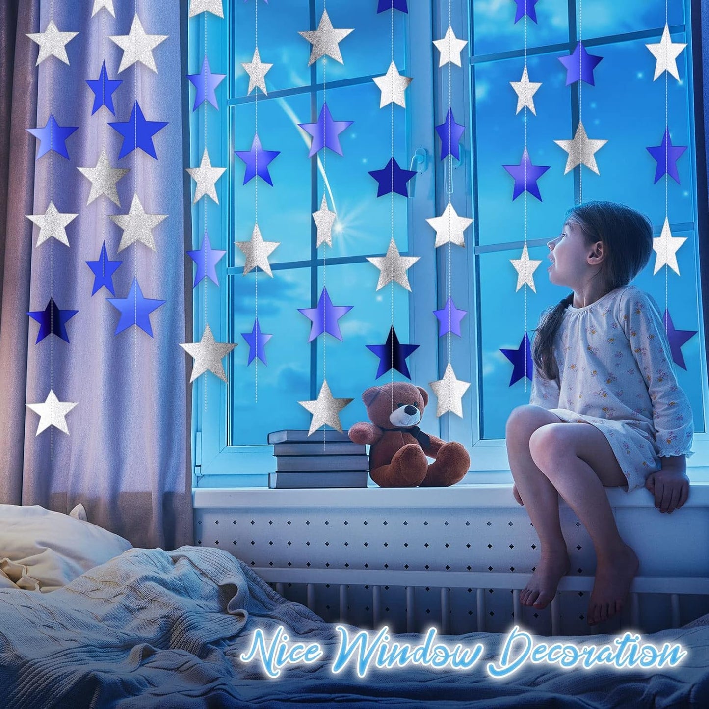 Patelai Glitter Star Garland Banner Decor 130 Feet Star Hanging Bunting Banner Twinkle Backdrop for Homecoming Classroom Wedding Birthday Halloween Christmas Party Supplies(Ocean Blue, Glitter Silver)