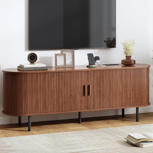 63" TV Stand with Power Outlet, Modern Media Console with Sliding Doors, Entertainment Center for TVs up to 60 Inch, Adjustable Shelves, Walnut