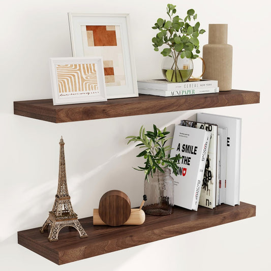 Fun Memories Rustic Wood Floating Shelves for Wall, 36 x 9 Wall Shelves Set of 2, Deep Floating Shelf for Kitchen, Living Room Storage & Display, Deep Wooden Bookshelf, Walnut Color