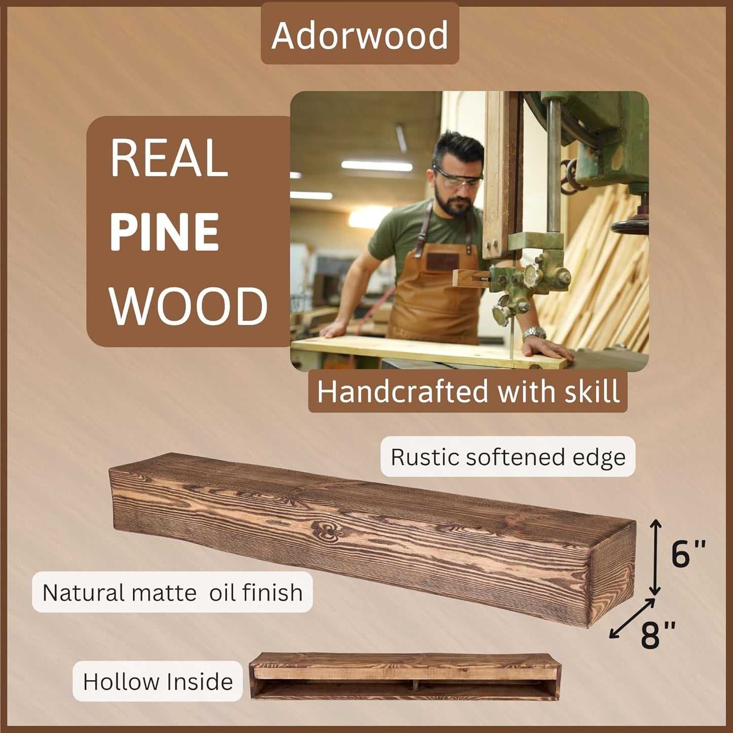 Handmade Fireplace Mantel Shelf 60", Extra Wide Rustic Wood Mantles for Over Fireplace, Wall Mounted Floating Mantel Shelves for Living Room Decor (Dark Rustic, 60Lx6Hx8D inches)