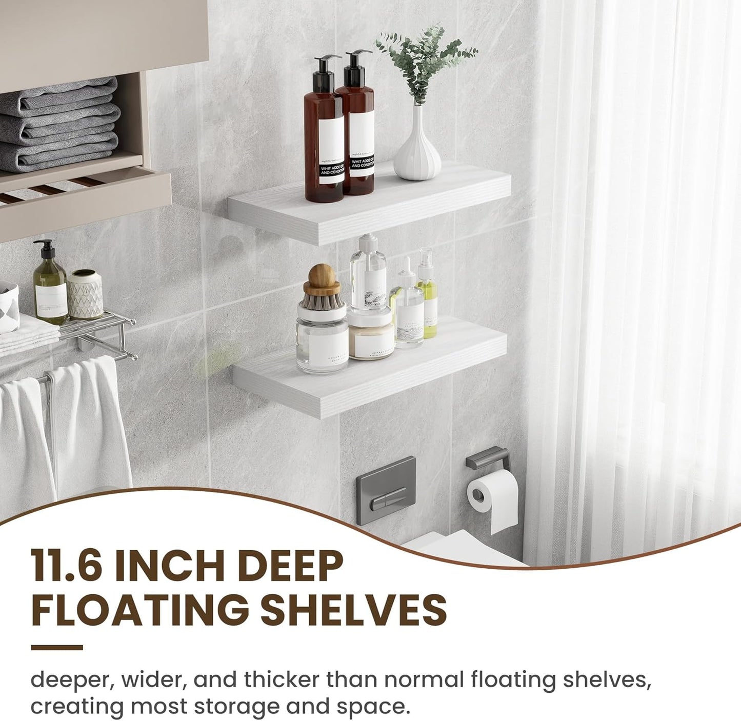 24 Inch Floating Shelves, 11.6 Inch Deep Floating Shelves for Wall, Floating Shelf with Invisible Brackets, Deep Shelves for Bathroom, Bedroom, Living Room, 2 Pack, White