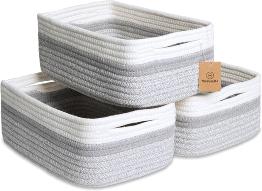 NaturalCozy 11.8"x8"x4.5” Storage Baskets for Shelves 3 Pack | Cotton Rope Woven Small Baskets for Organizing | Small Storage Bins for Nursery, Bathroom, Closet, Cube Shelf, Decorative, Gift Basket