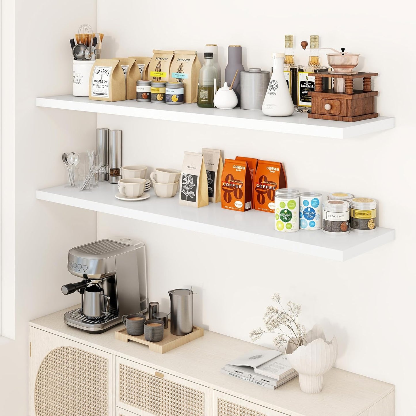 55" Floating Shelves for Wall, 12" Deep Slim White Floating Shelves, Wall-Mounted Shelves for Bedroom, Living Room, Kitchen, Bathroom - Set of 2