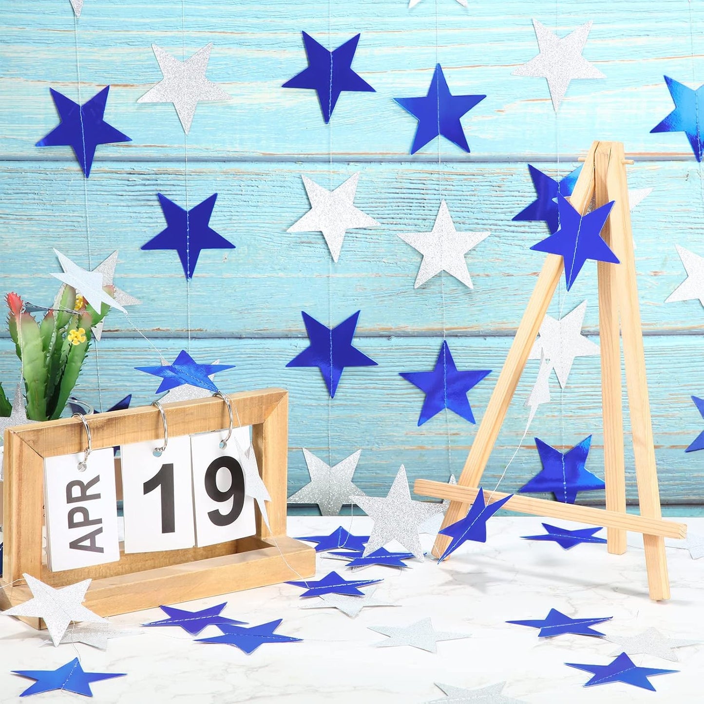 Patelai Glitter Star Garland Banner Decor 130 Feet Star Hanging Bunting Banner Twinkle Backdrop for Homecoming Classroom Wedding Birthday Halloween Christmas Party Supplies(Ocean Blue, Glitter Silver)