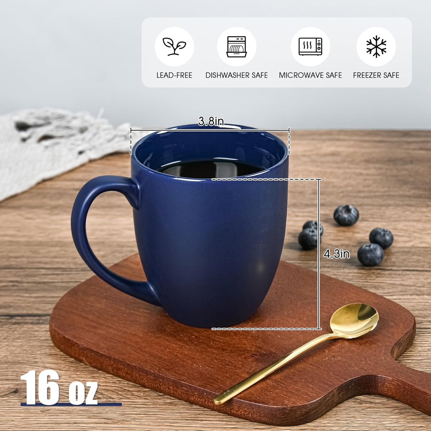 16oz Coffee Mugs Set of 6, Large Ceramic Modern Coffee Mugs With Handle For Tea,Latte,Cappuccino,Cocoa. Dishwasher.Microwave Safe (Matte Blue)