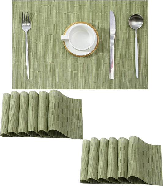 Leetaltree Pea Green Placemats Set of 12 - Heat Resistant Non-Slip Place mats for Dining Table, Washable Durable PVC Vinyl Woven Table Mats（Pea Green, 12）