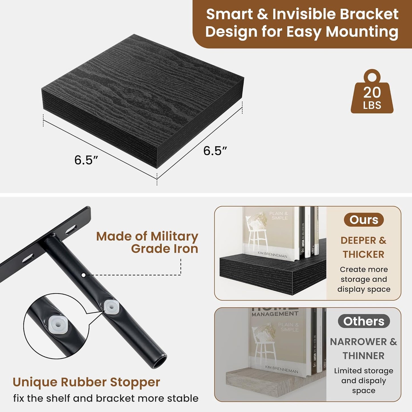 fuqing Floating Shelves for Wall, Bathroom Shelf Wall Mounted for Storage, Shelves with Invisible Bracket for Bedroom, Kitchen, Living Room, Farmhouse Small Book Shelf, 6.5 Inch Set of 3, Black