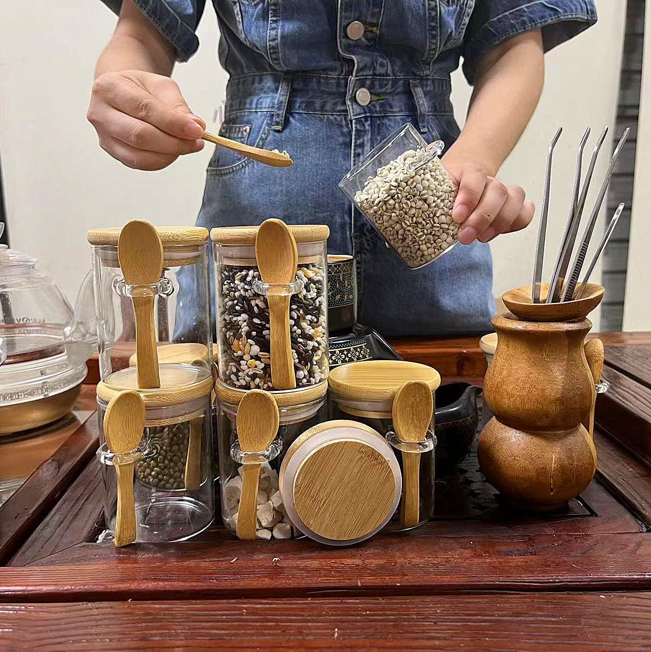 7.6 oz Airtight Mini Glass Jars with Bamboo Lids and Bamboo Spoons, Spice Jars Small Food Storage Containers for Kitchen, Bathroom, Home Decor Set of 8