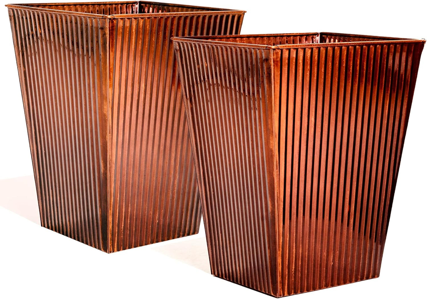 18in Vintage Handmade Metal Vertical Lines Copper Tapered Planters Set of 2, Galvanized Steel Planter Box with Drainage Hole for Indoor/Outdoor/Porch/Garden