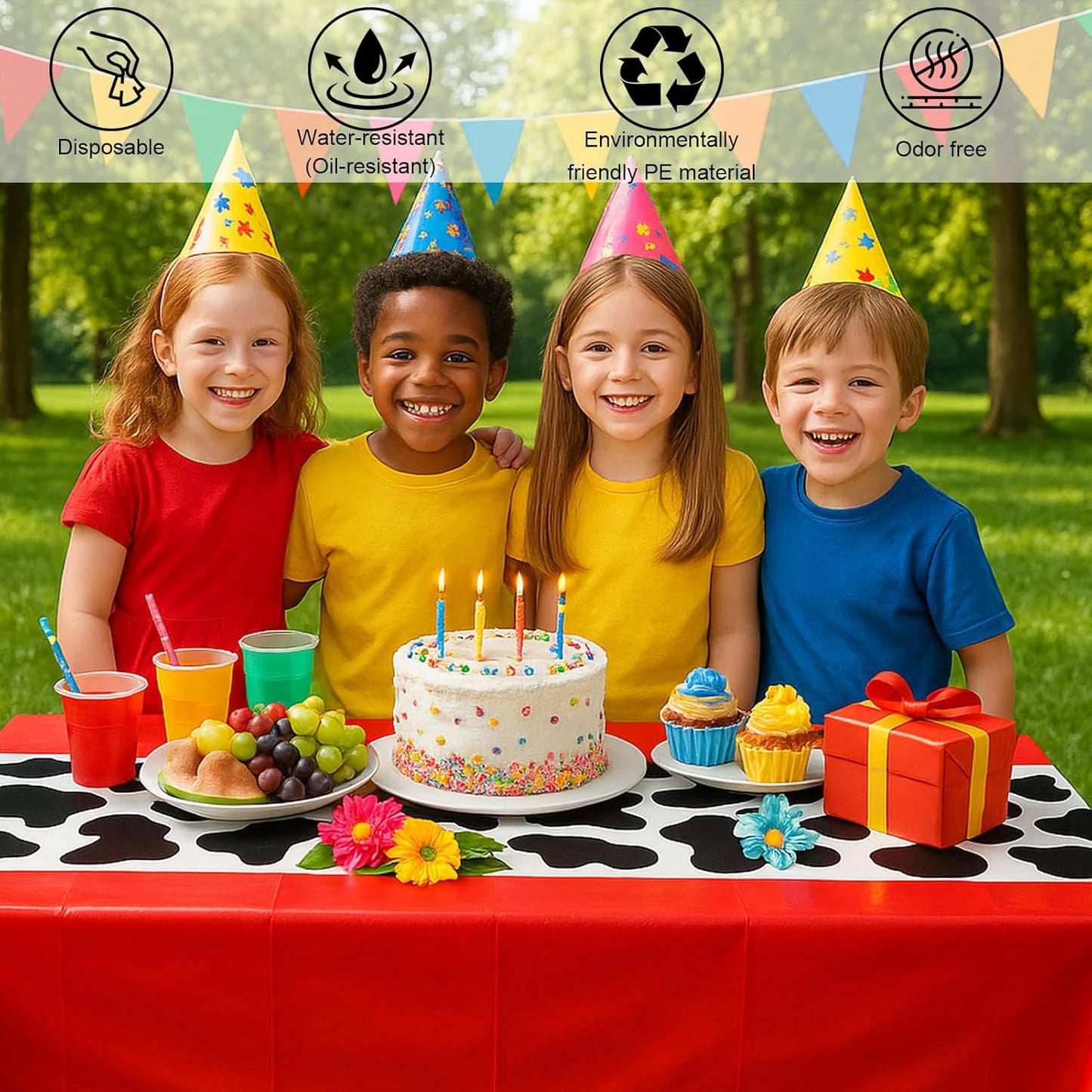 3 Pack 108 x 54 Inch Cow Print Tablecloth Cow Plastic Table Cover Birthday Party Table Cloth Disposable Plastic Farm Animal Party Cover for Disco Cowgirl Decorations Supplies Red