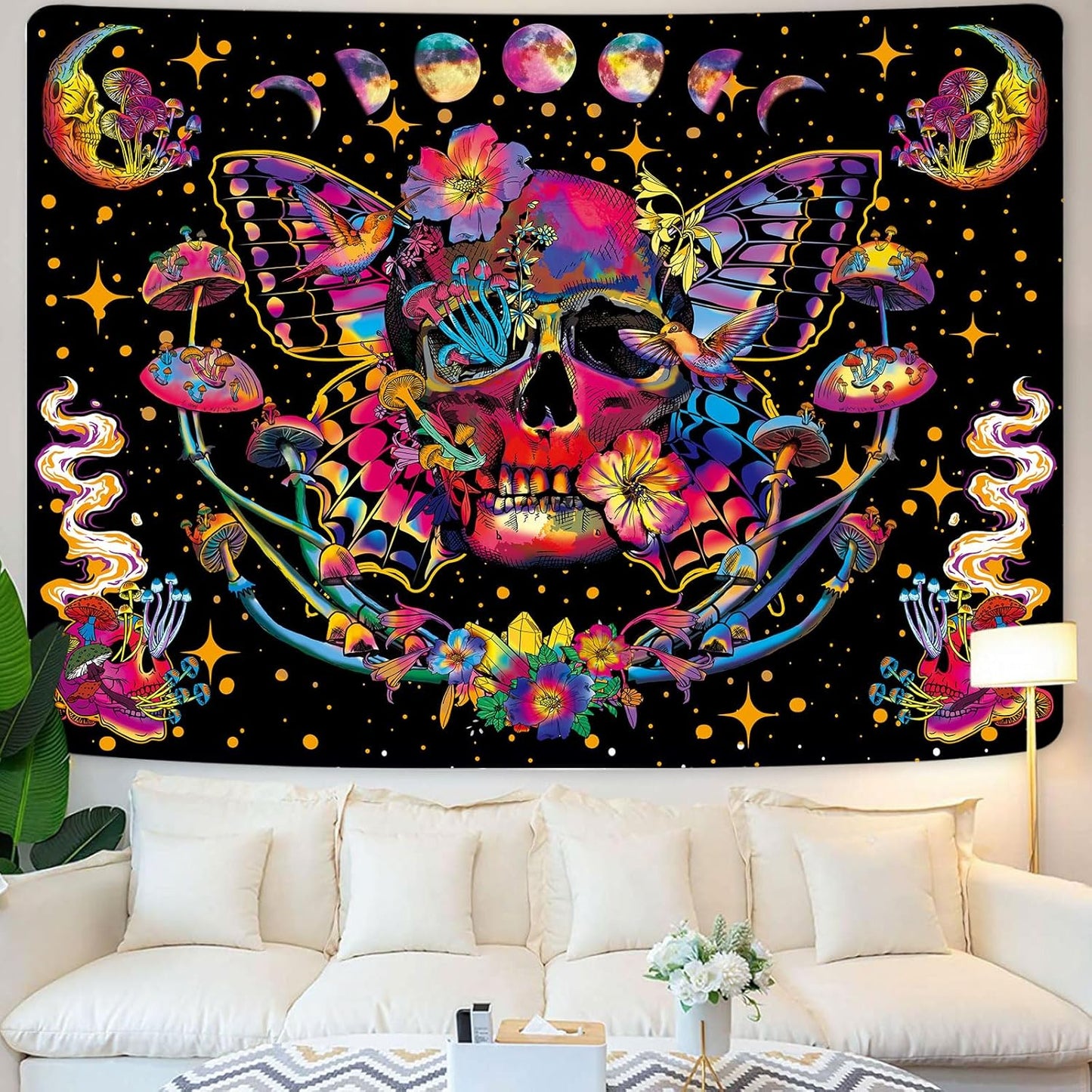 Xiaoput Blacklight Skull Tapestry, UV Reactive Mushroom Butterfly, Aesthetic Moth Moon Flowers, Hippie Skeleton Wall Hanging for Bedroom, Living Room, Home, Dorm 60x40in
