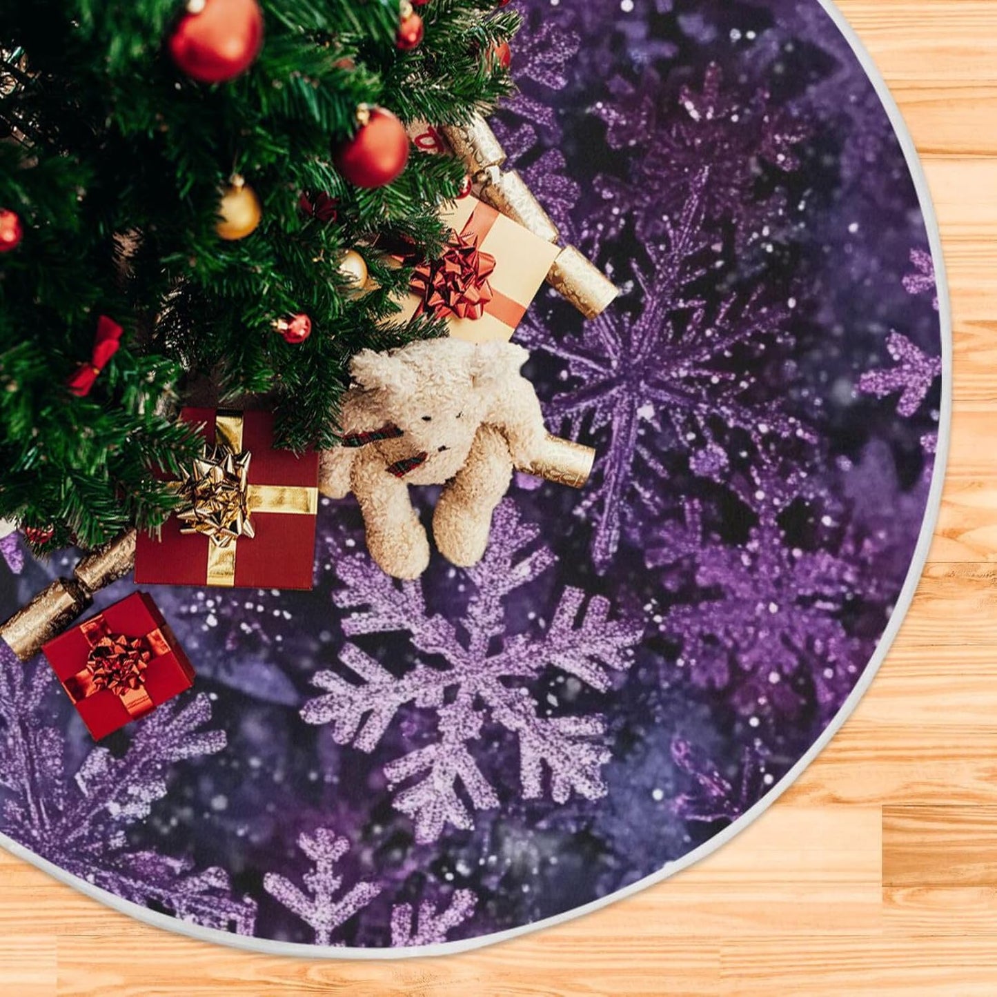 Christmas Purple Snowflake Party Tree Skirt, Seasonal Tree Mat Holiday Party Supplies Ornaments Indoor Outdoor Decorations for Tabletop Trees 47.2 Inches