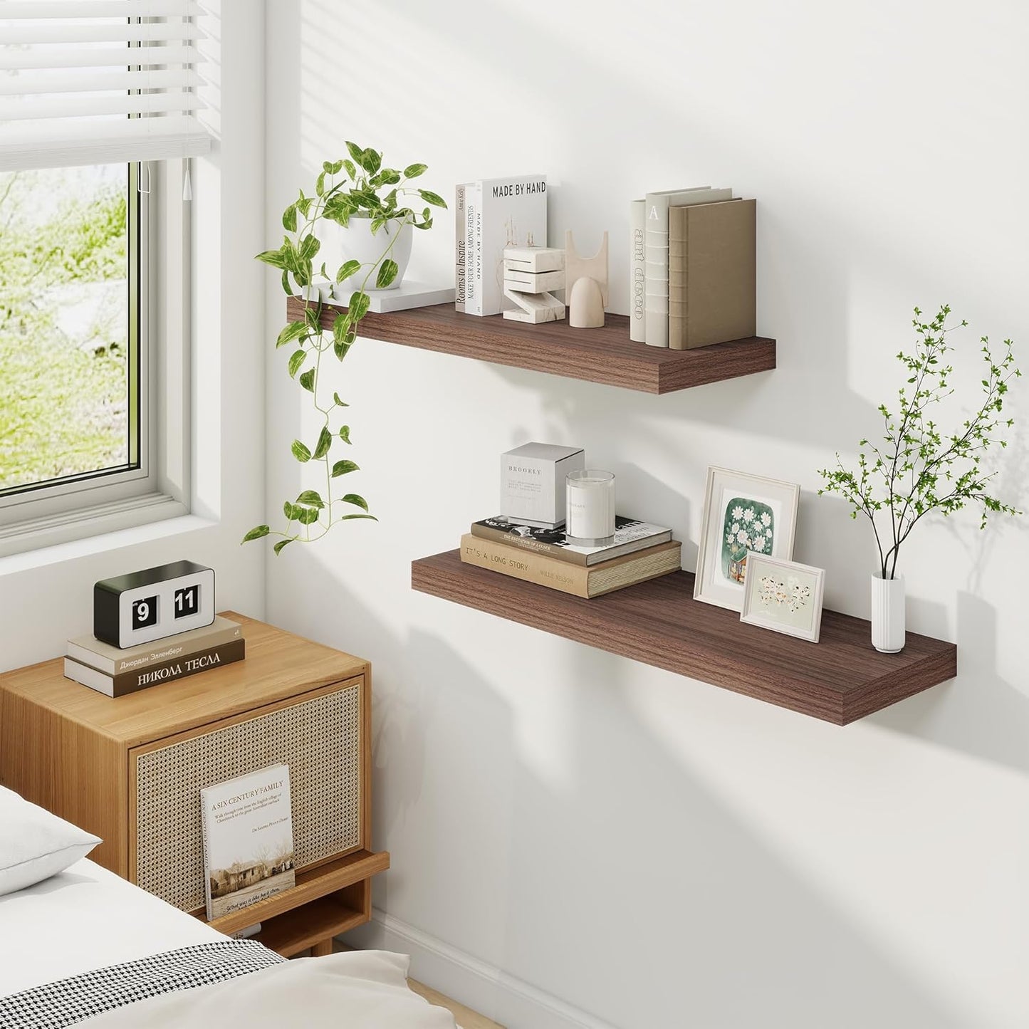 Fun Memories Floating Shelves for Wall, 30 Inch Rustic Wood Wall Mounted Shelves for Bathroom, Bedroom, Kitchen, Living Room, Deep Floating Shelves for Storage & Home Decor (Walnut, Set of 2)