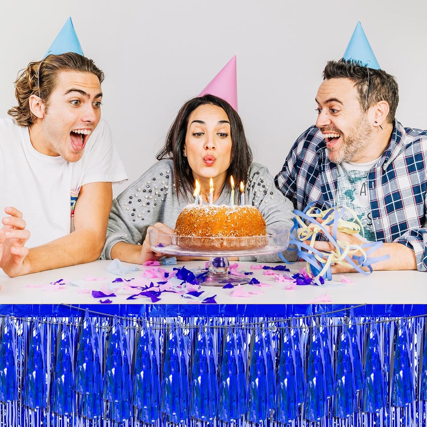 3P Blue Foil Fringe Metallic Tassel Streamers Banner Tassel Garland for Parade Floats, Bachelorette, Wedding, Birthday, Halloween, Christmas, Bridal/Baby Shower Party Decorations