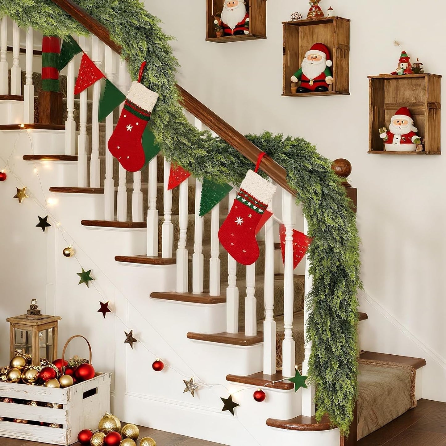 Real Touch Cedar Garland - Artificial Christmas Garlands Faux Green Cedar Fake Pine Needles Garland for Fireplace,Table, Stairs, Mantle, Window,Indoor Outdoor,Home,Holiday Decor(2 PCS,5 FT)