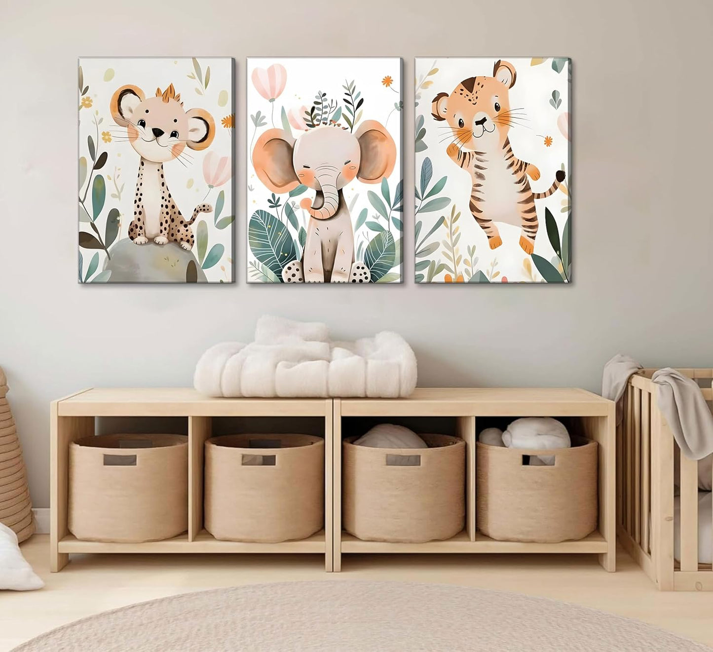 3 Pcs Safari Animals Nursery Canvas Wall Art Jungle Animals Cheetah Elephant Tiger Kids Room Illustration Pictures Wall Decor Posters Print Artwork for Classroom Boy's Girl's Room Bedroom