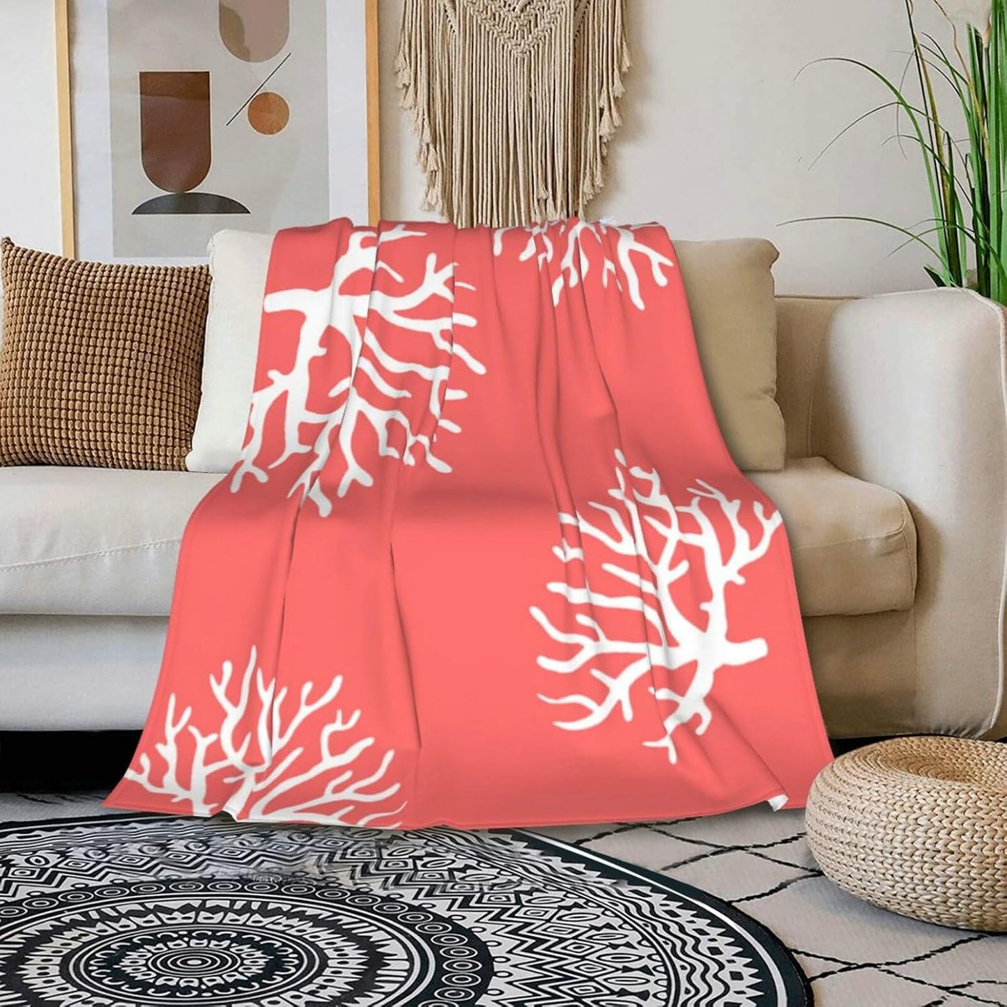 HGOD DESIGNS Beach Coral Fleece Throw Blanket Soft Cozy Coral Fuzzy Blanket Caring for Women & Adults Ocean Coral Pink Branch Reef Nature Red White Plush Microfiber Blanket 50"x60"