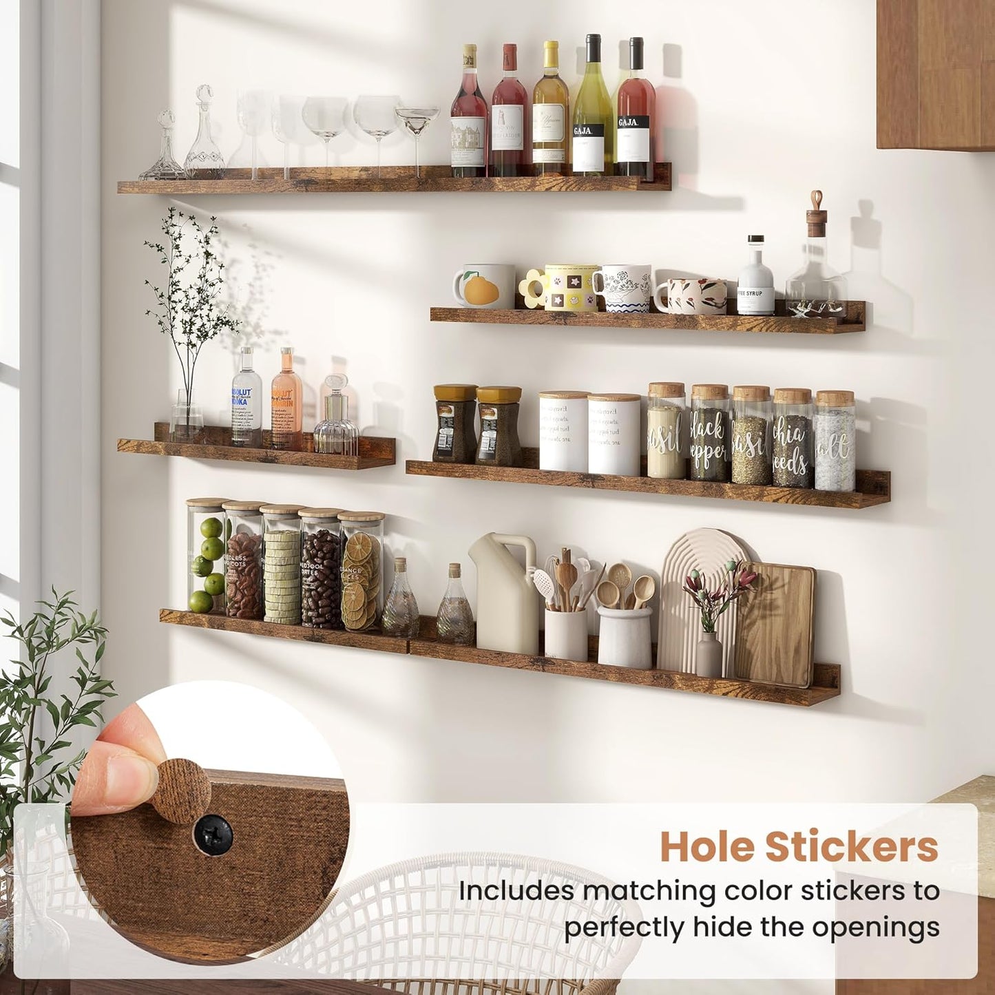 Fun Memories Picture Ledge Shelves Set of 2, 36 Inch Rustic Wall Mounted Floating Shelves with Lip for Home Storage and Décor in Bathroom, Kitchen, Nursery, Bedroom, Living Room, Brown