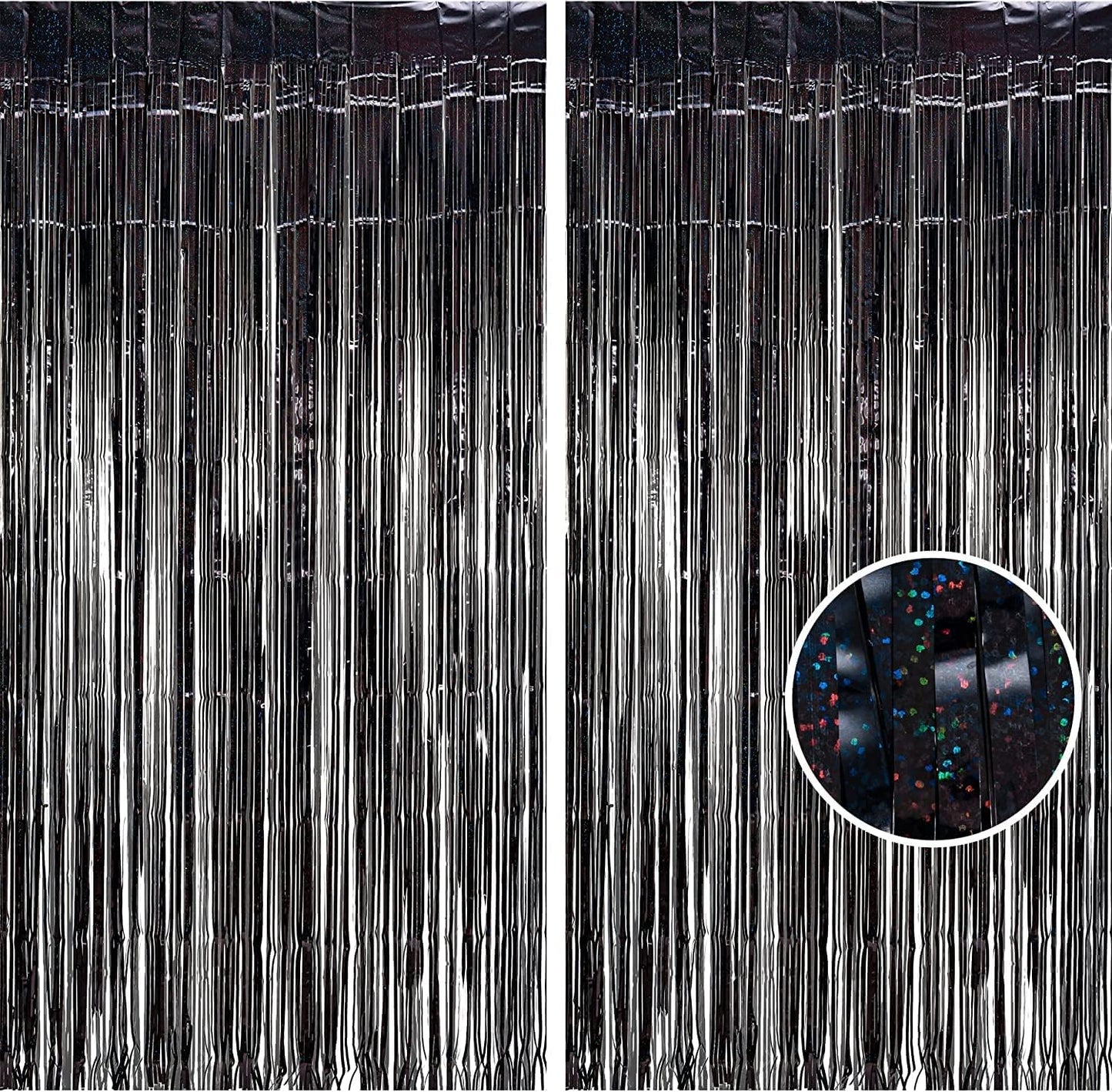 BRAVESHINE Black Halloweens Party Foil Fringe Curtains - 2 Pack Metallic Tinsel Photo Booth Streamers Backdrop for Birthdays, Stranger Theme, Music, Prom, Christmas Party Decorations