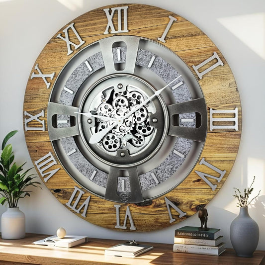 The Gears Clock Real Moving Gear Wall Clock England Line (Wood & Stone, 24 inches (60 cm))