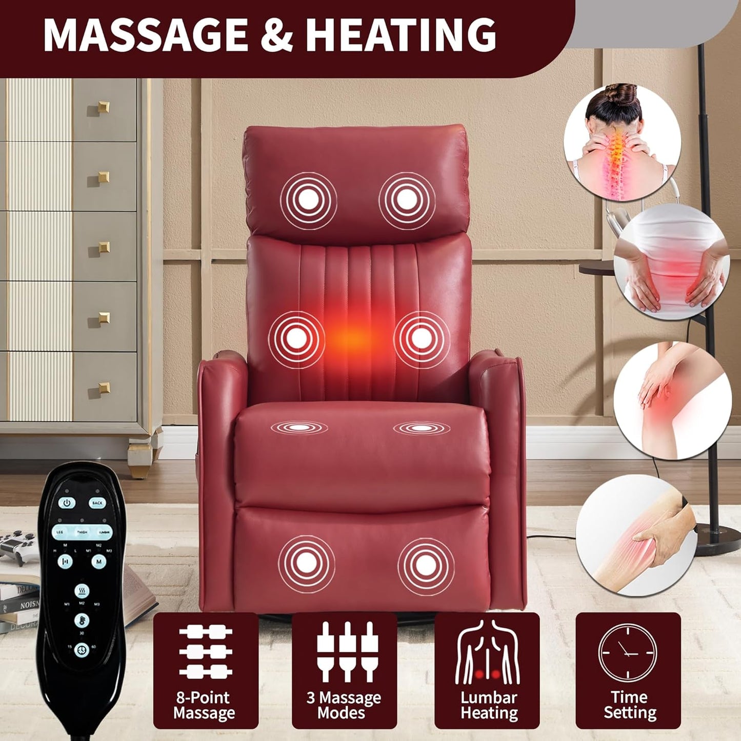 Manual Swivel Rocker Recliner Chair for Adults, Overstuffed Reclining Glider Chair for Nursing with Vibration Massage & Heat, Living Room Rocking Recliner 2-Stage backrest, Faux Leather Red