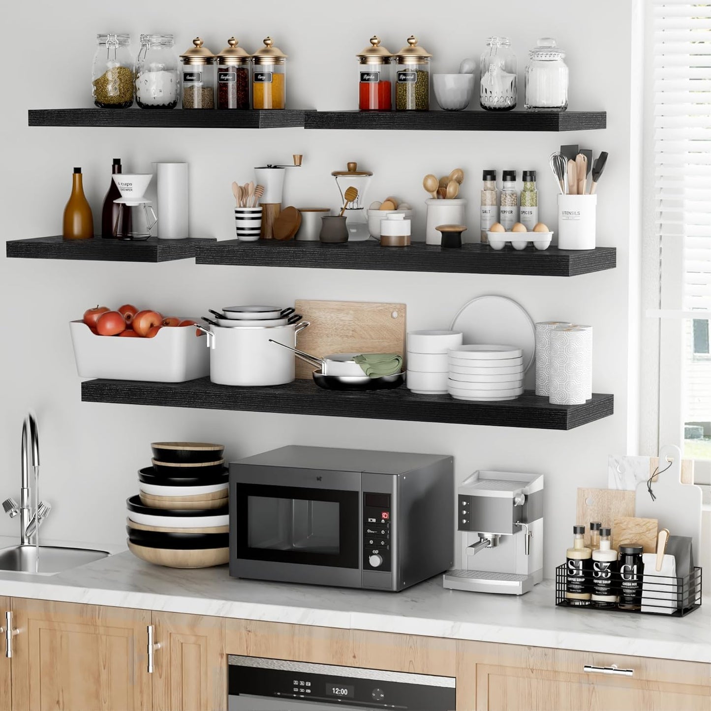 Fun Memories Floating Shelves - 2 Pack 12 Inch Deep Rustic Wooden Wall Shelves - Extra Deeper & Thicker Wall Mounted Storage Shelf for Kitchen, Farmhouse - 16" W x 12" D x 1.5" H - Rustic Black