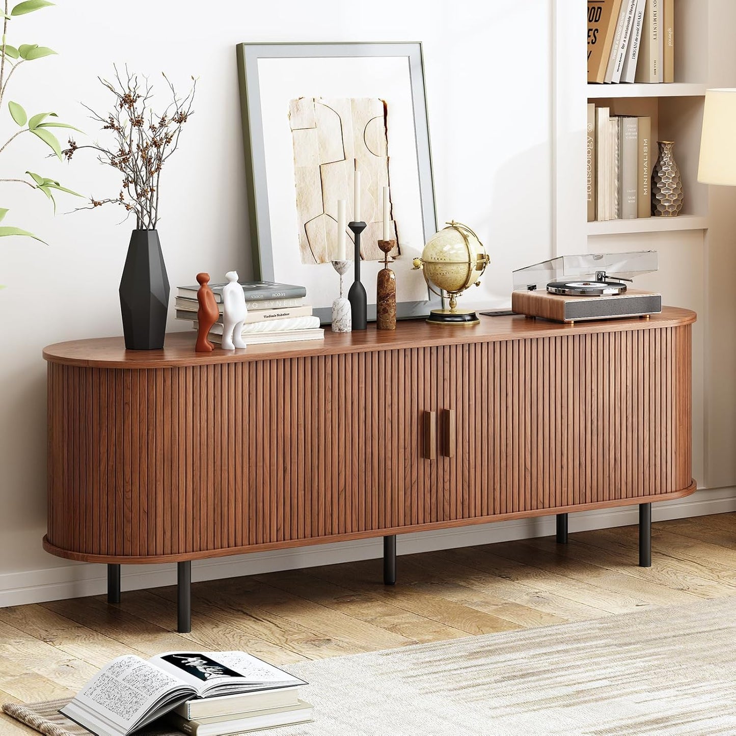 63" TV Stand with Power Outlet, Modern Media Console with Sliding Doors, Entertainment Center for TVs up to 60 Inch, Adjustable Shelves, Walnut