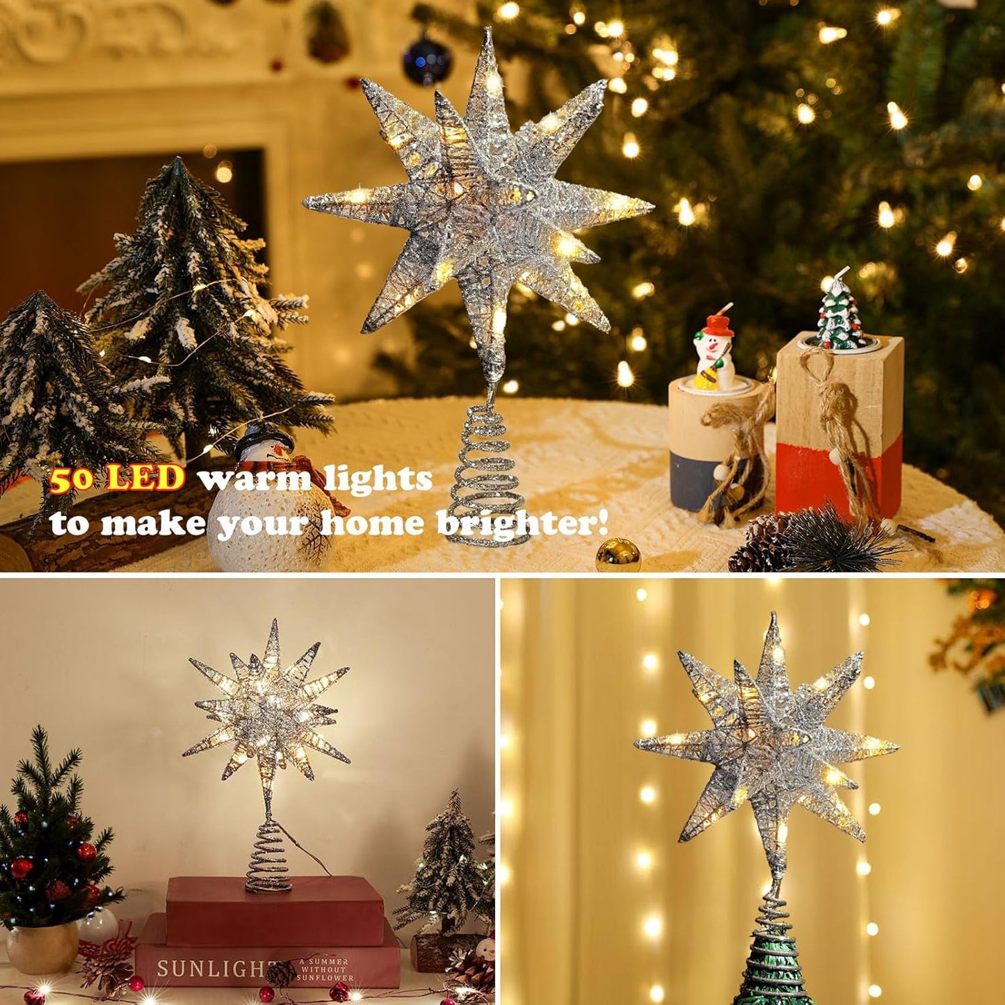 Christmas Tree Topper Star with White 50 LED Lights, Star Tree Topper for Christmas Tree Tradition Moravian Decor, 11X 7.87 Inch with 5m Long Line, Estrella para Arbol De Navidad, Silver