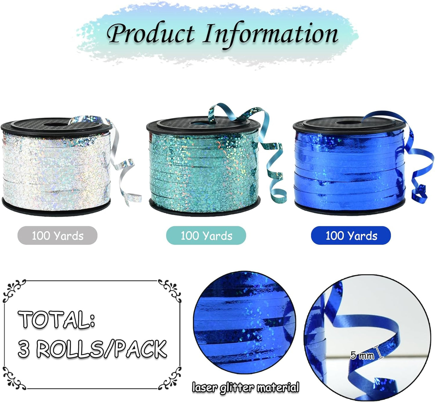 BEISHIDA Blue Blue Silver Curling Ribbons Balloon String Ribbons - 3 Pack 100 Yards for Gift Warppping Birthday Retirement Winter Frozen Party Winter Christmas Party Decorations