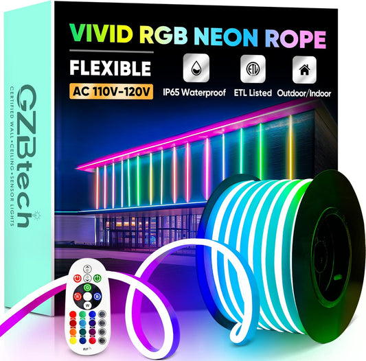 GZBtech RGB LED Neon Rope Lights 50FT/15M, AC 110-120V Waterproof Color Changing LED Rope with Remote Controller, Dimmable Multi Color Neon Rope Lighting for Indoor Outdoor Commercial Use