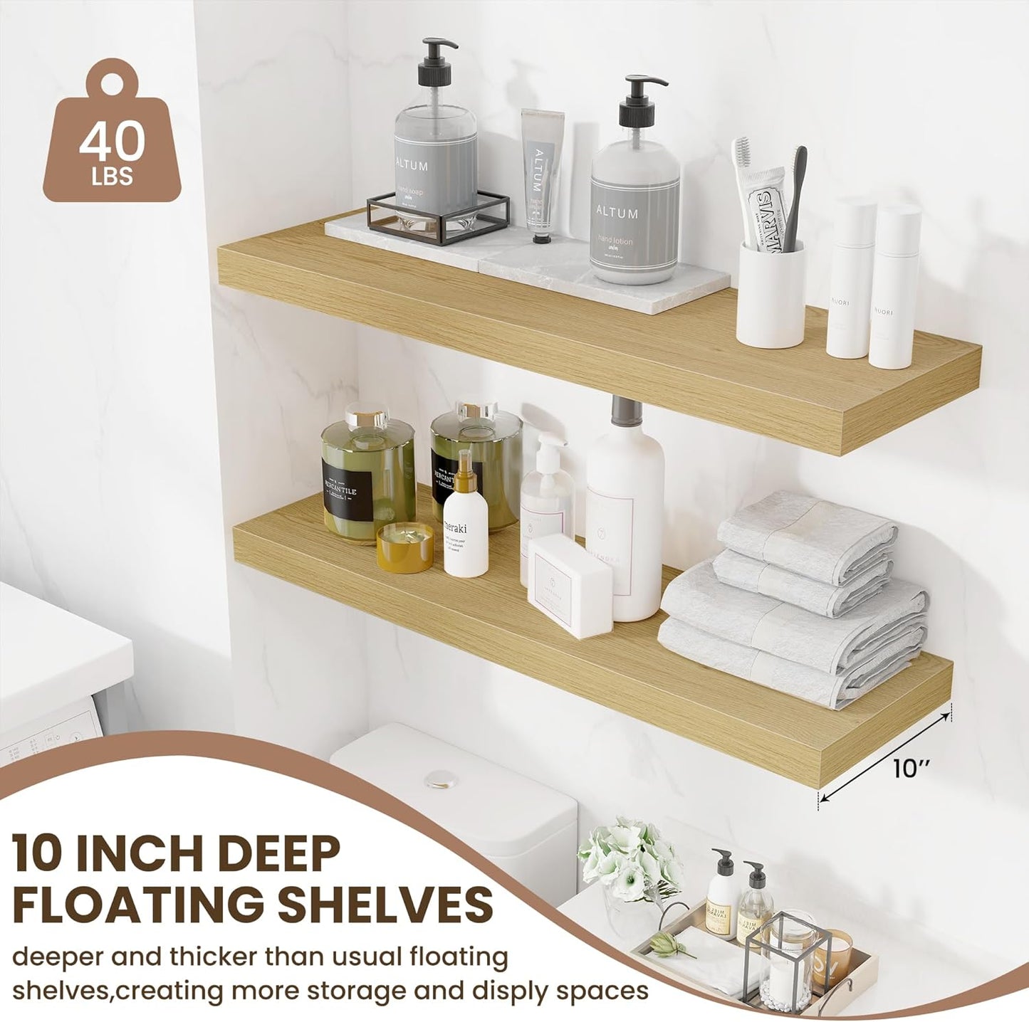 Fun Memories Floating Shelves for Wall 36 Inches, Wood Shelves with Invisible Bracket, 10" Deep Shelves Wall Mounted, Large Wood Floating Shelves for Living Room Bathroom, Oak, Set of 2