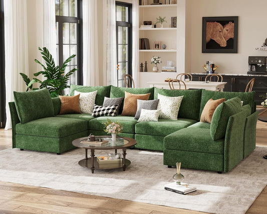 134.6" Oversized Modular Sectional Sofa, Large 6 Seater U Shaped Couch Deep Seat for Living Room, Apartment - Chenille Green