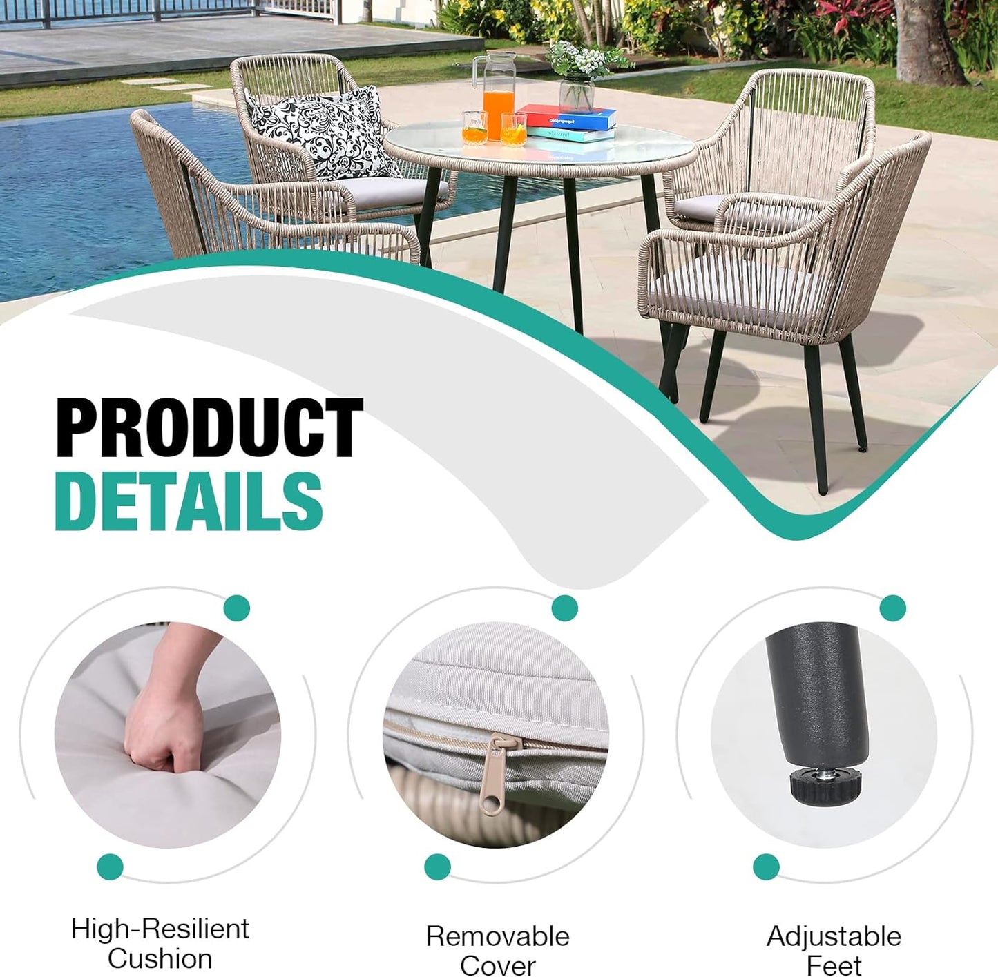 Patiorama Outdoor Dining Chairs, Patio Dining Chair Set of 2, All-Weather Woven Rope Rattan Chairs, Outdoor Dining Wicker Chairs with Armrests for Indoor Balcony Pool Backyard(Tan)