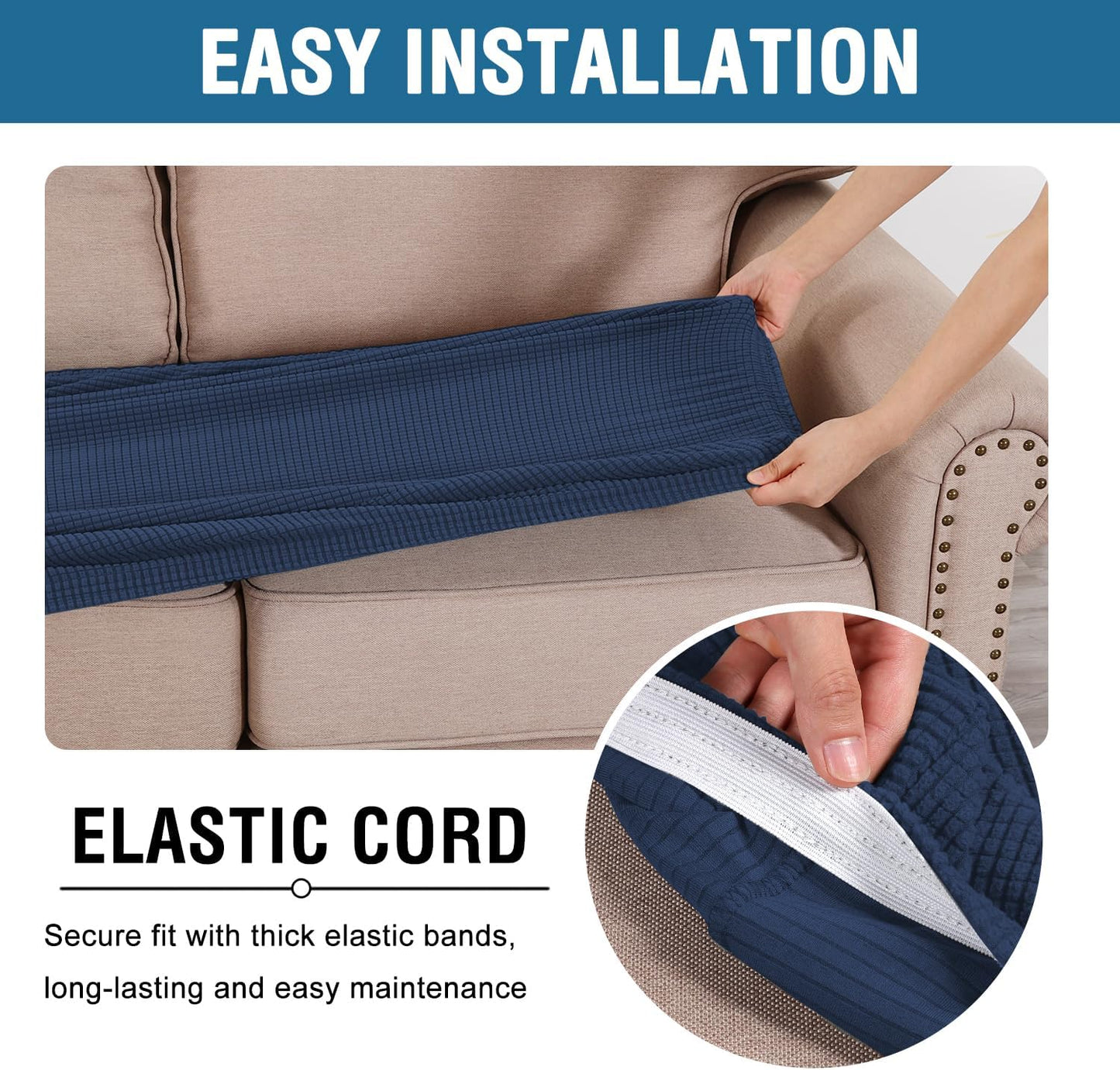 H.VERSAILTEX Super Stretch Individual Seat Cushion Covers Sofa Covers Couch Cushion Covers Slipcover Sets Thick Jacquard Textured Twill Fabric (1 Piece Sofa Cushion Cover, Navy)