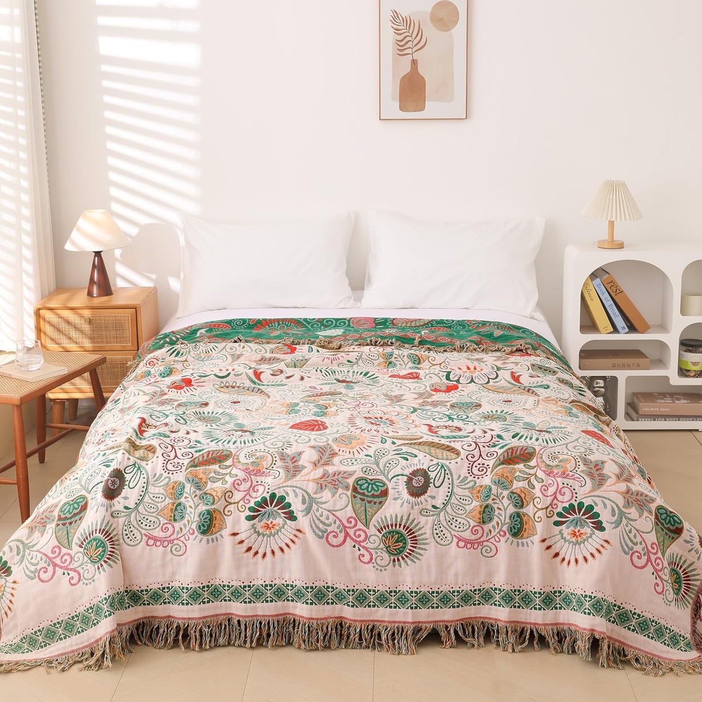 Snycler Cotton Bed Throw with Tassels, Double-Sided Bohemian Spring Flowers Plants Throws for Sofas, 80x90 inch Woven Warm Blanket for Single Sofa, Bedspread and Settee Couch Travel Green
