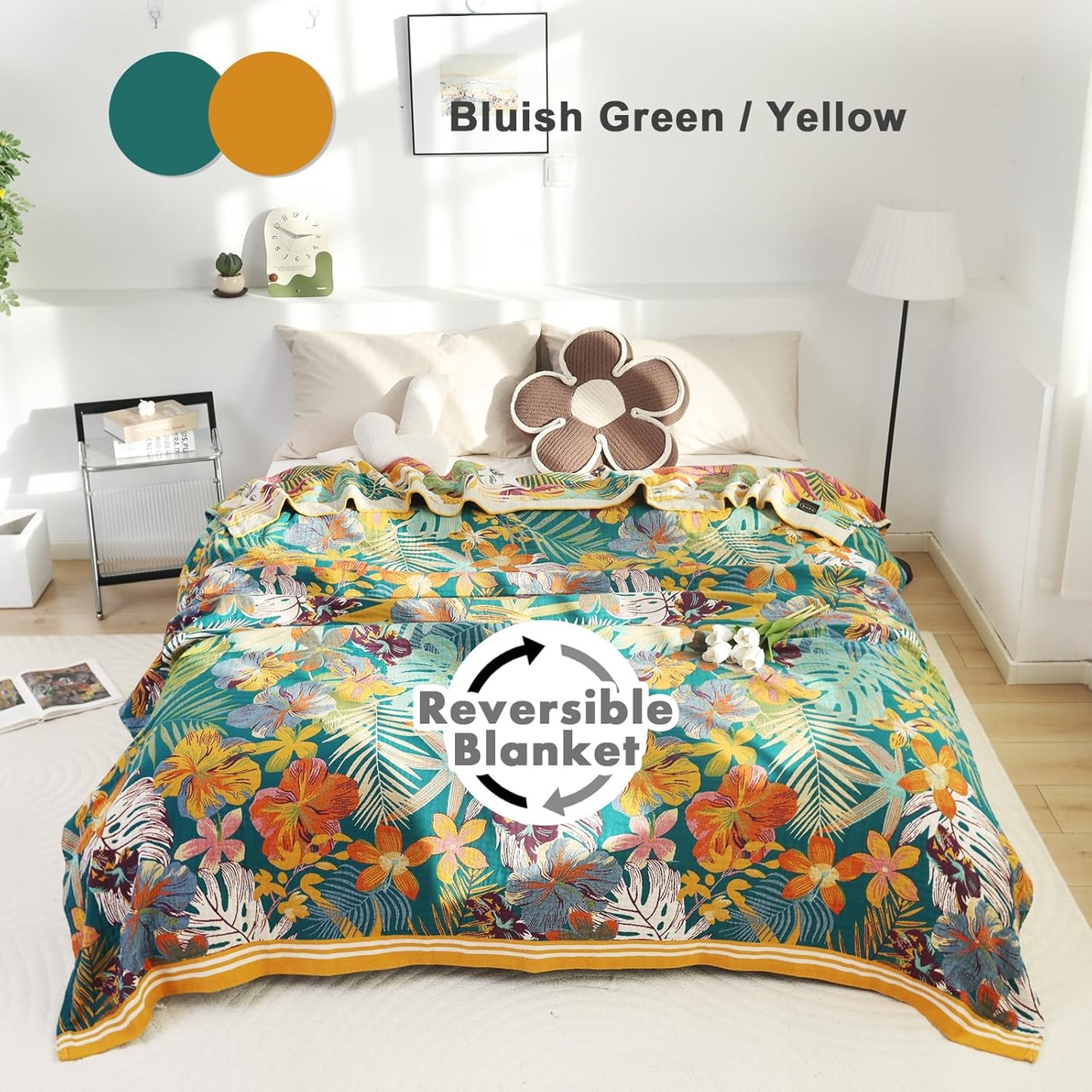 MSGKV Boho Throw Blanket for Couch and Sofa Cotton Blankets for Living Room Bedroom Reversable Florals Throw 60"x80" Breathable Cozy Blankets
