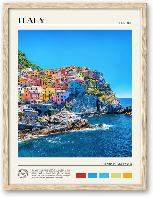 HesenDot Natural OAK Wood Framed Cinque Terre National Park Wall Art,12x16in Italian Natural Seascape Canvas Wall Print,Classic Urban Landmark Wall Decor for Living Room, Bedroom,Office Set of 1