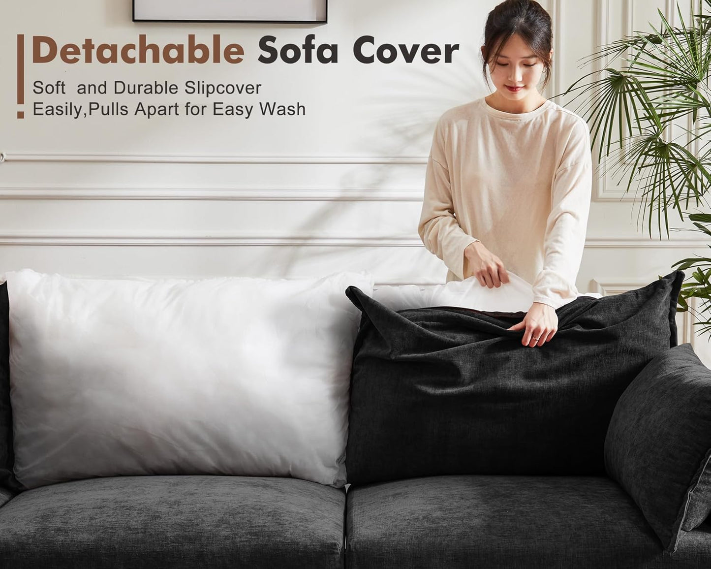 136.4" Oversized Modular Sectional Sleeper Sofa Bed, U Shaped Convertible Couch with Movable Ottoman, Large 8 Seat Corner Couches for Living Room Deep Seat Black Chenille