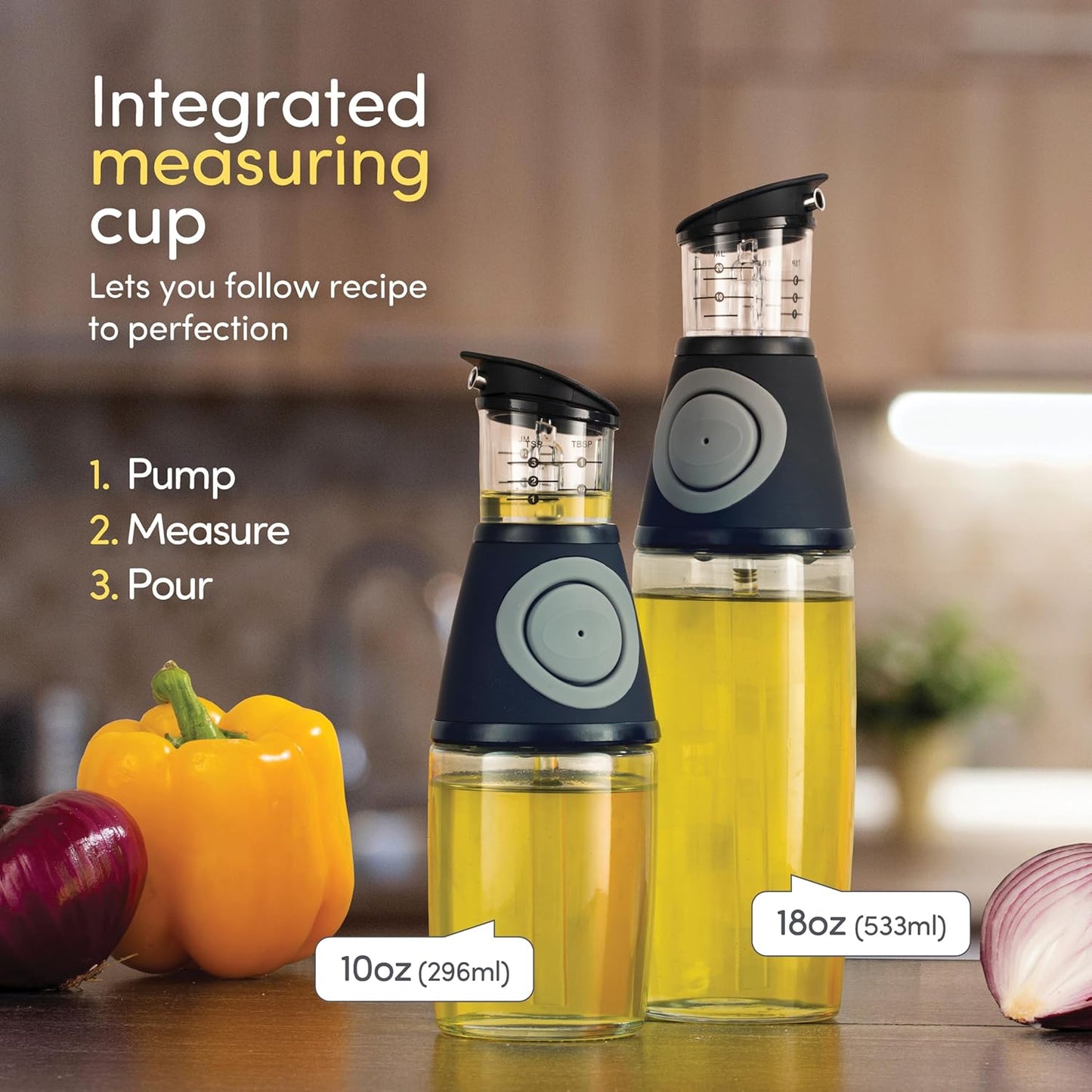 Olive Oil Dispenser Bottle with Pump - Oil Dispenser for Kitchen, Glass Oil and Vinegar Dispenser Set, Measured Cruet for Cooking - Ideal Oil Bottles for Kitchen Gadgets & Gifts, 2 Pack