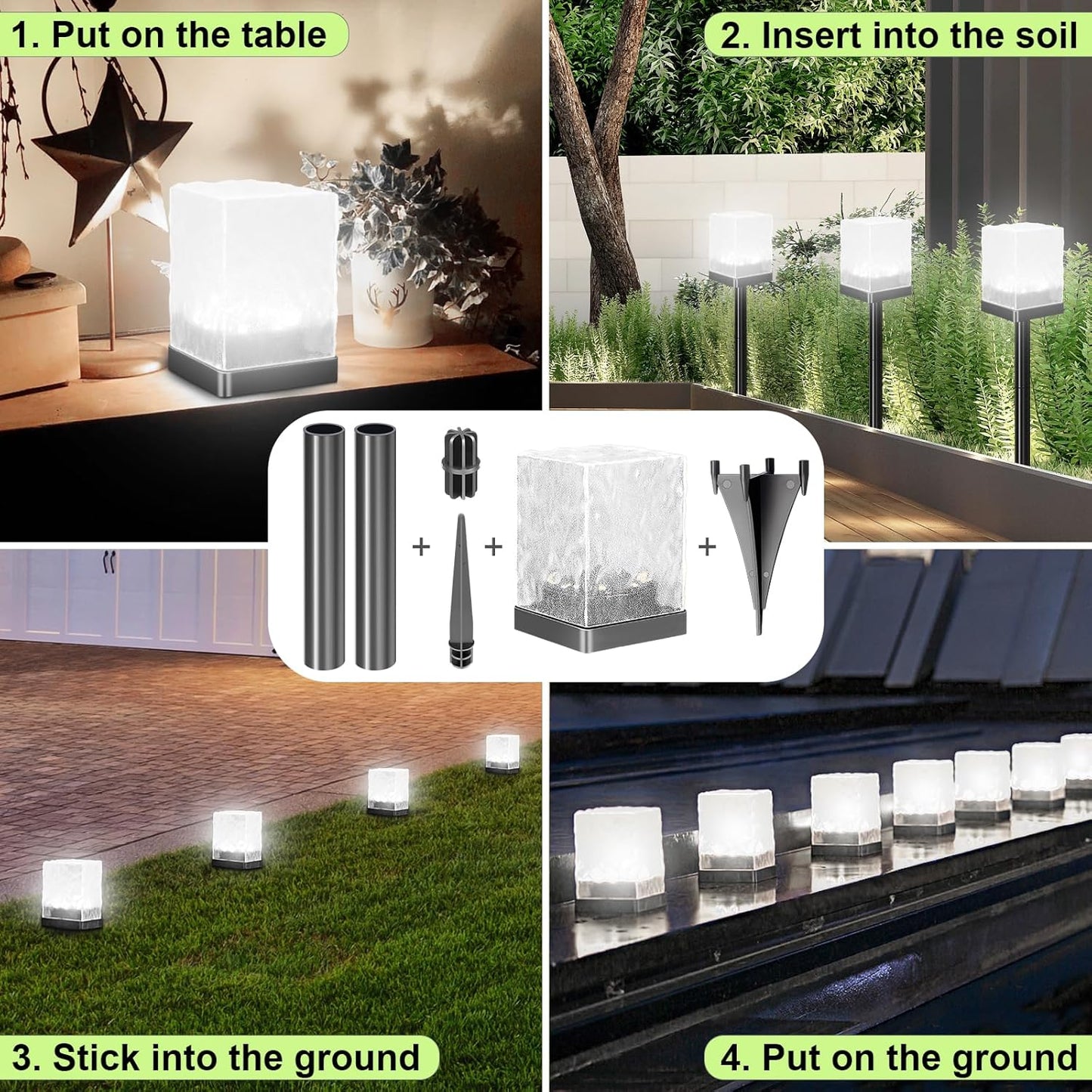 Solar Ice Brick Pathway Lights, LED Outdoor Waterproof Ground Light, Multi-use Landscape Lighting for Lawn & Table | Auto On/Off Solar Powered Garden Yard Decoration (Cool White, 4 Pack)