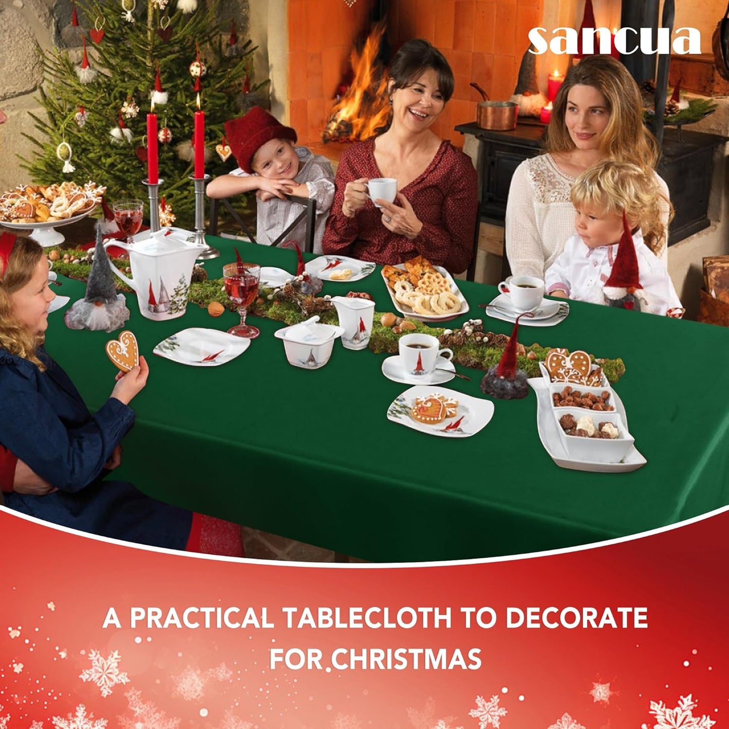 sancua Rectangle Tablecloth - 54 x 78 Inch - Stain and Wrinkle Resistant Washable Polyester Table Cloth, Decorative Fabric Table Cover for Dining Tables, Buffet Parties and Christmas, Hunter Green