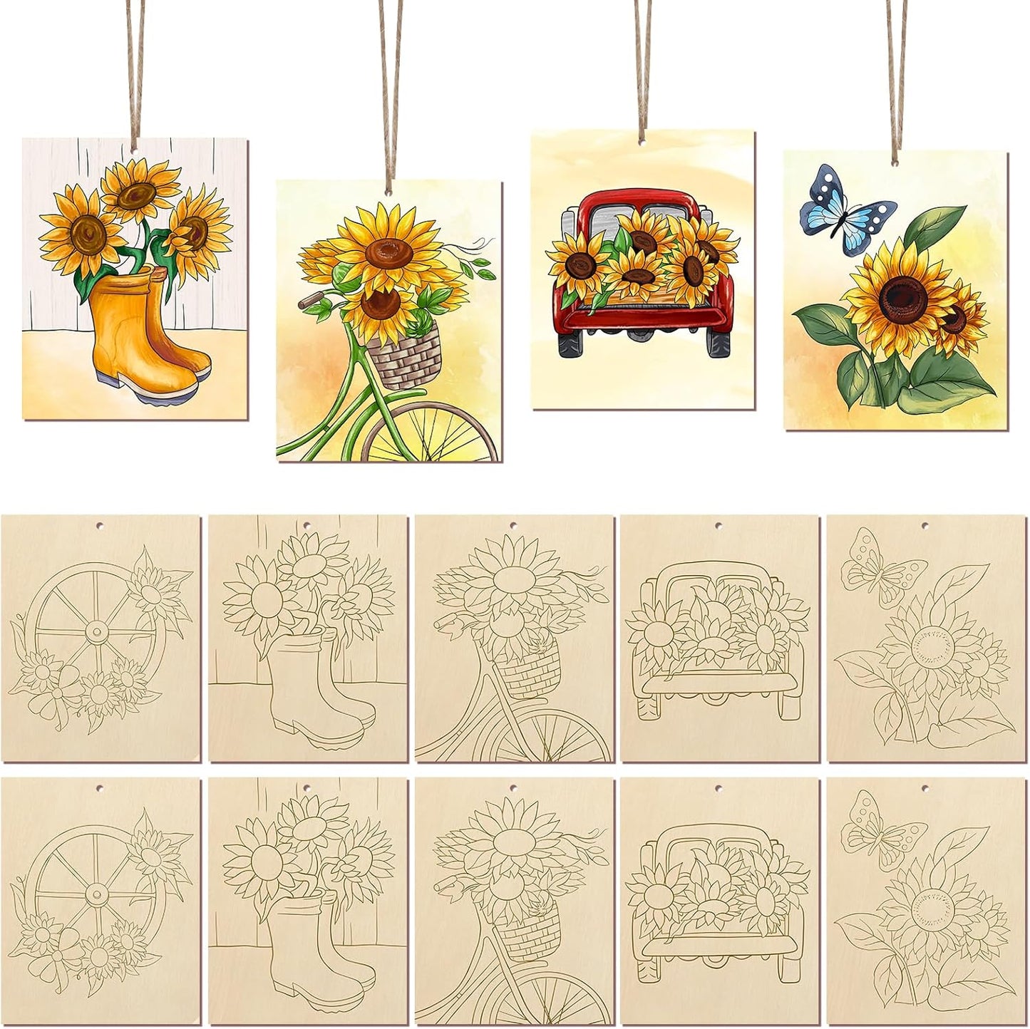 COCHIE 10 Pieces Large Sunflowers Unfinished Wood Crafts to Paint for Adults and Kids, Bulk Predrilled Wooden Ornaments for Painting, Summer Sunflower Paintable Wood Slices Craft Supplies with Ropes