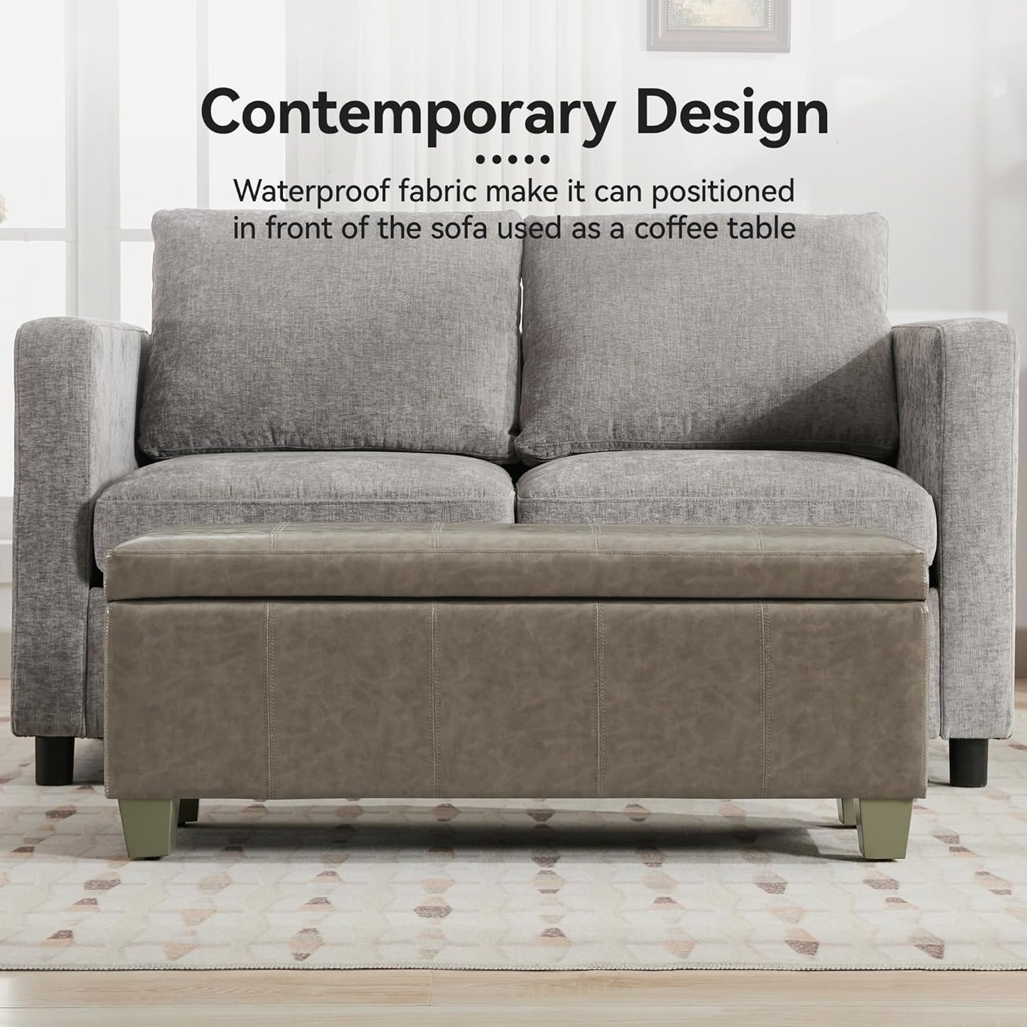 41" Faux Leather Storage Ottoman, Stitch Tufted Rectangle Upholstered End of Bed Storage Bench, Entryway Large Couch Ottoman with Wooden Legs,Grey