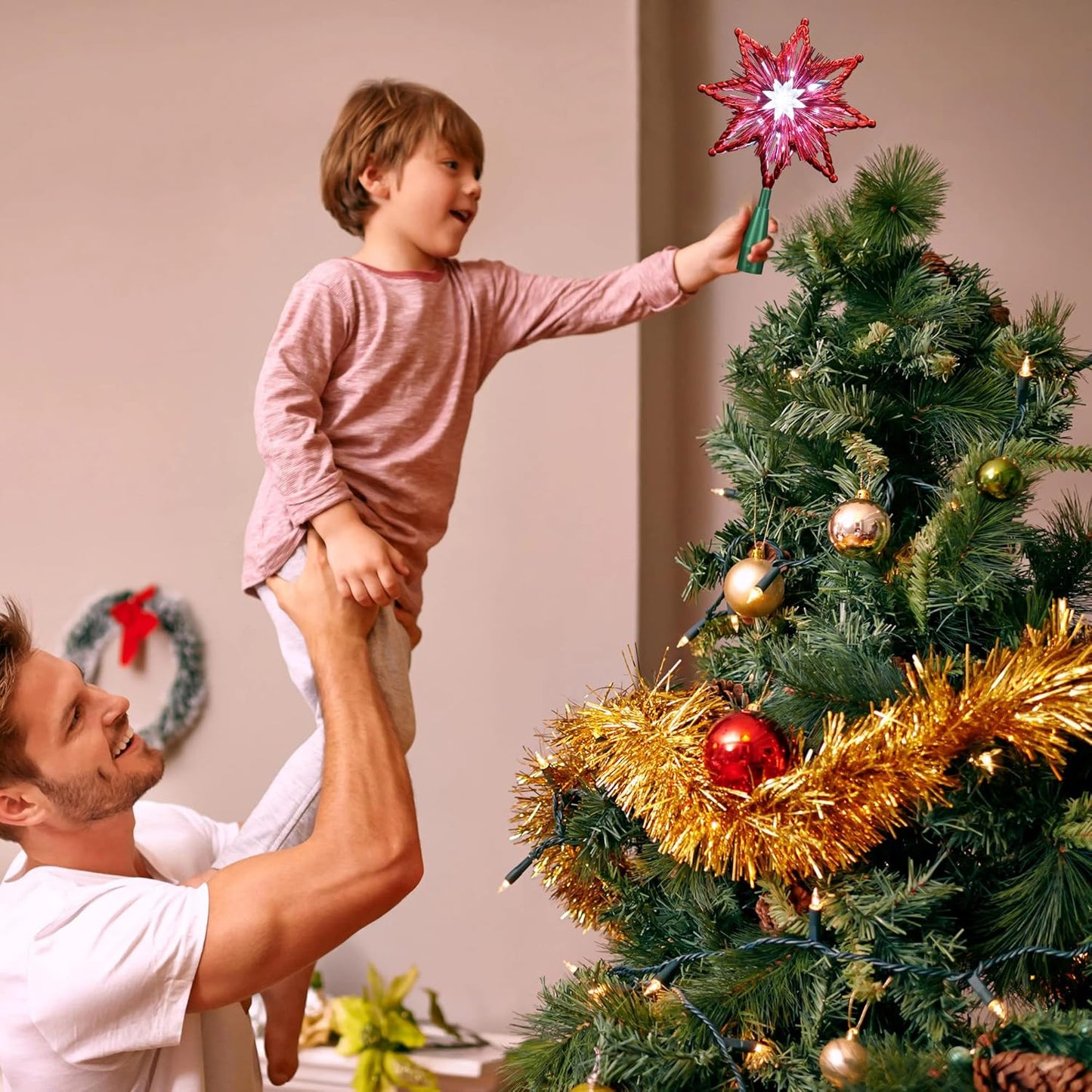 ODEETRONIC Christmas Tree Topper Lights, 8in 120V UL Certified Double Sided 8-Point Christmas Star Treetop, Plug in Indoor Xmas Tree Star-top for Christmas Tree Home Holiday Party Wedding Decor, Red