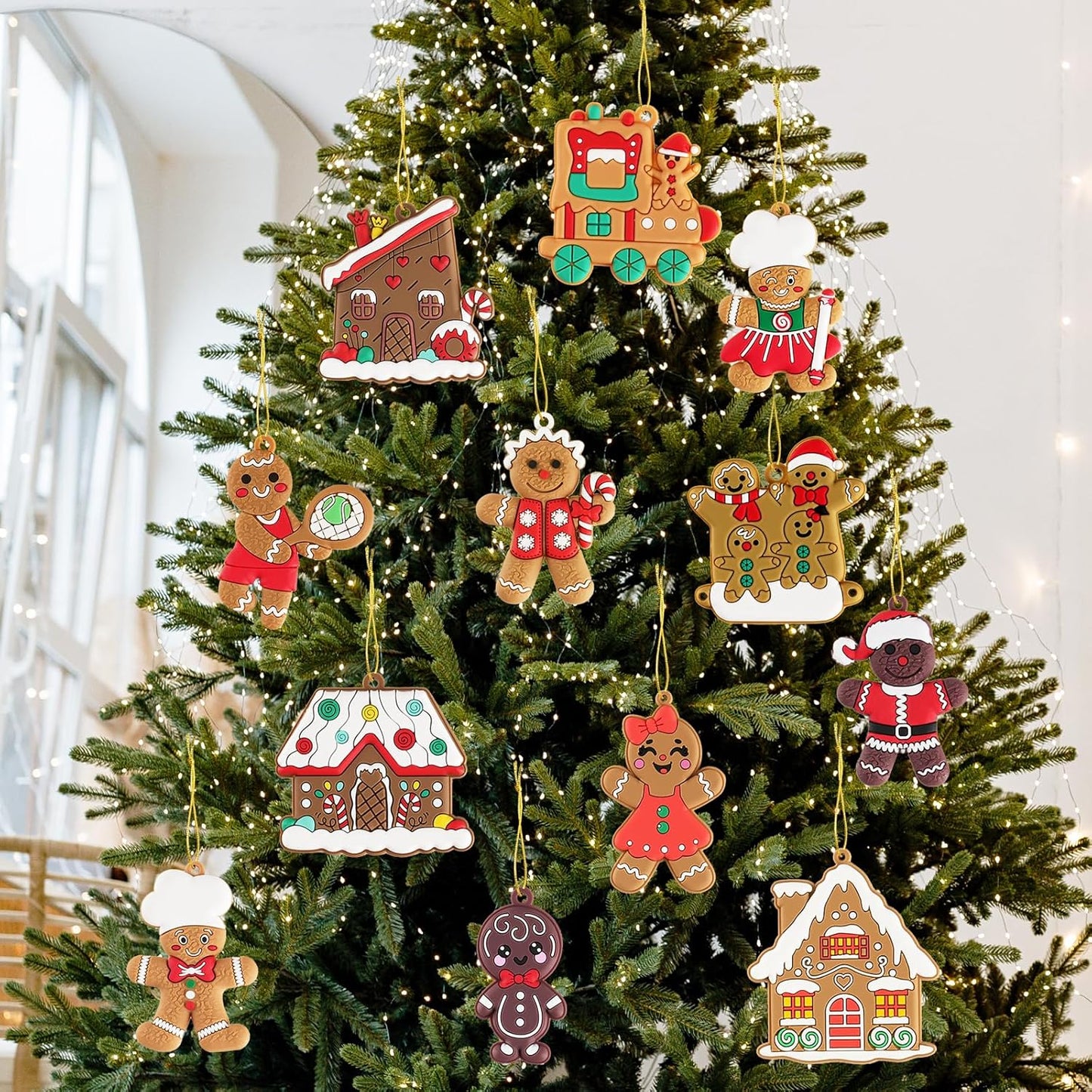 12pcs Gingerbread Man Ornaments for Christmas Tree, Assorted Gingerbread Figurines Decorations with Gingerbreads House Ornaments for Holiday Christmas Tree Home Decor