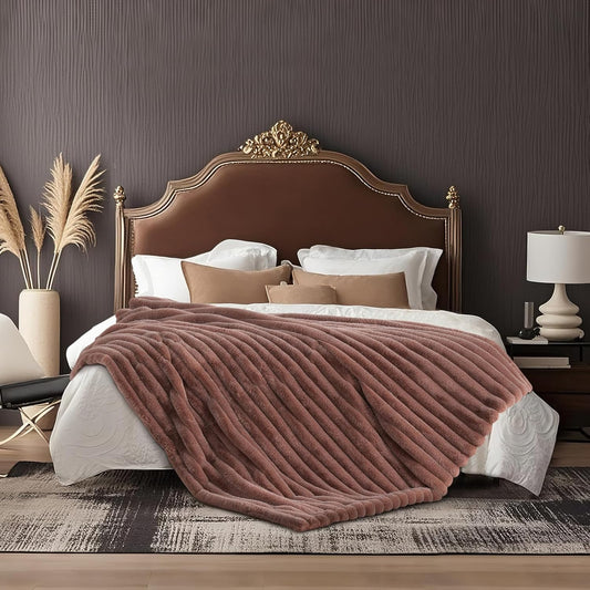 Amélie Home Faux Fur Throw Blanket for Couch, Ultra Cozy Fuzzy Fluffy Fur Luxurious Soft Striped Plush Gift Blankets for Family Sofa Chair Bed Living Room Bedroom, 60"x80", Ionic Fox Brown