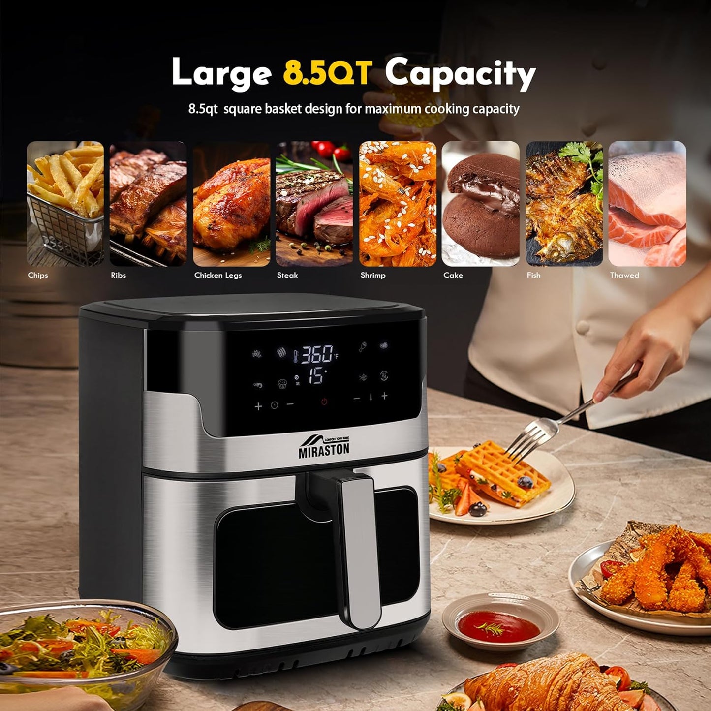 8.5QT Air Fryer, Family Size Digital Air Fryers, Nonstick Square Basket, Smart Touchscreen with 8-Preset, Air Frying, Reheat Leftovers, Party Food, Fast Cooking, Dishwasher-Safe, for Kitchen