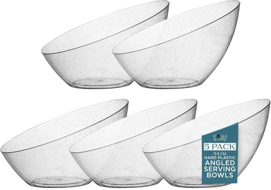 Posh Setting - Silver Plastic Serving Bowls Angled & Candy - Salad & Fruit Serving Bowls Wedding - 8 OZ, Glitter, 5 Pack